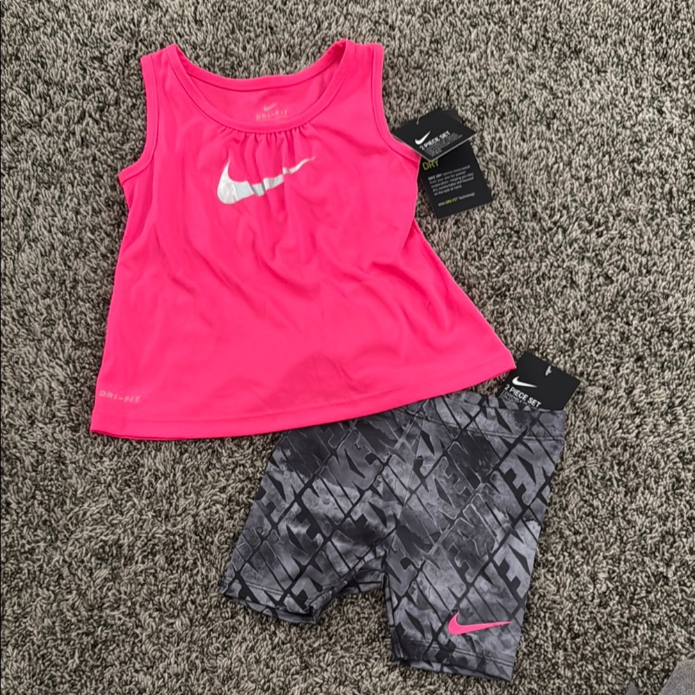 NWT Nike Baby Vibrant Pink Top and Charcoal Biker Shorts Set
